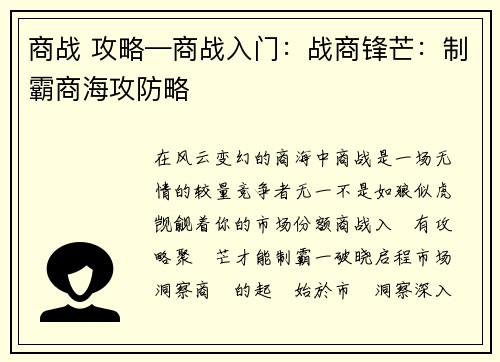 商战 攻略—商战入门：战商锋芒：制霸商海攻防略